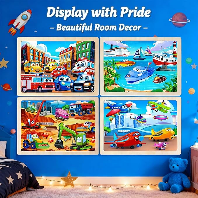 Wooden Puzzles for Kids Ages 5-8, Set of 4 Packs with 60 Pieces Wood Jigsaw Puzzles, Vehicle Theme Educational Toys Birthday Gifts for Kids 4 5 6 7 8 9 Years Old (Vehicle 60 Pieces)