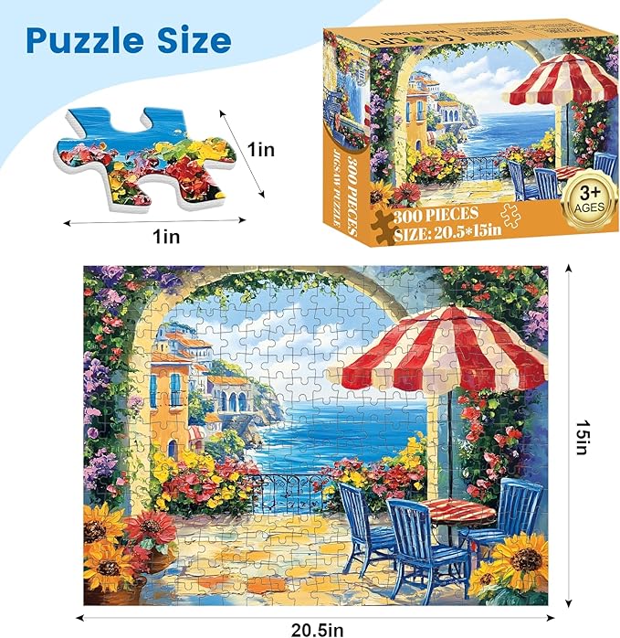300 Pieces Jigsaw Puzzles for Adults, Seaside Flowers Puzzle for Adults Children Seniors, Oil Painting Style Puzzle 300 Pieces, Gift for Birthday, Home Decor, Fun for Family Entertainment(20.5*15 In)