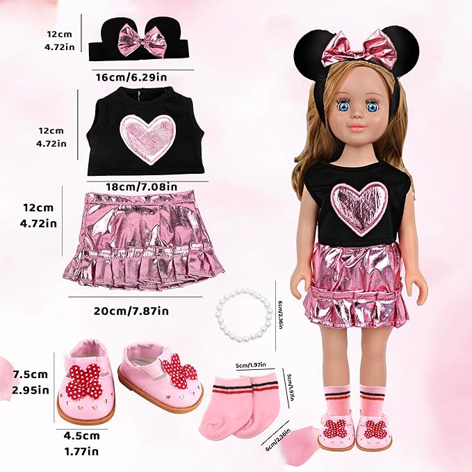 MSYO 18 Inch Doll Clothes & Accessories Set,Black Pink Heart Top & Metallic Pink Skirt Outfit with Mouse Ears Headband,Sunglasses,Socks,Shoes,Bracelet,Fits 16-18 Inch Baby Dolls(Pink)