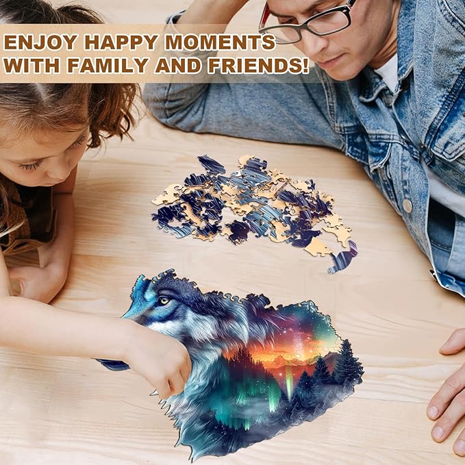 Wooden Puzzles for Adults, Aurora Wolf Jigsaw Puzzles, 90 Piece Unique Shaped Puzzle, Animal Shape Puzzle, Gifts for Adults/Friends/Family, Family Game，Wall Decor(8.5 * 8.1in)