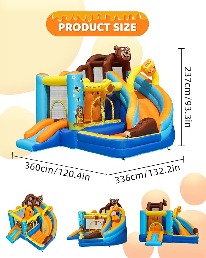 Inflatable Bounce House, Double Slide Bounce House for Big Kids, 6 in 1 Bear Jumping Castle with 450 Blower, Air Cushion, Ball Pit, Climbing Wall, Basketball Hoop