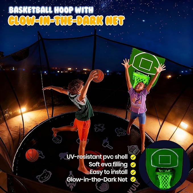 Trampoline Accessories Kit Kids,Basketball Hoop with 3 Mini Basketballs,50FT Solar Lights Fit 8 10 12 14 15 16FT Trampoline Outdoor 8 Mode,Choose from 2 Kits with Sprinkler or Dart Board & Glow Net
