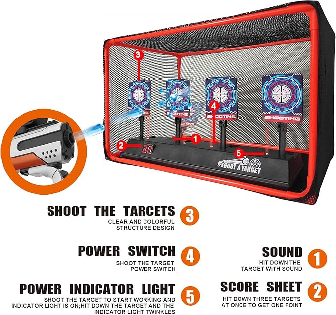Electronic Auto Reset Digital Shooting Target with net for Toy Gun Gifts for Kids Boys Girls Age 3+
