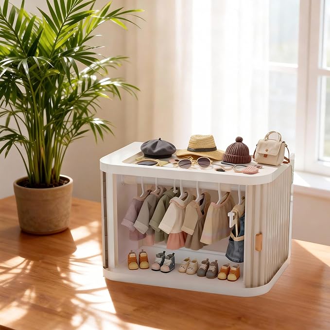 Foldable Wardrobe Closet, Doll Clothes Storage Box with 20 Hangers, Display Shelf & Dust Cover - Stackable Cabinet for 15/17cm Doll Clothes & Accessories