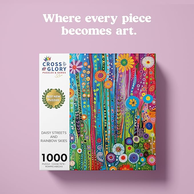Cross & Glory - Daisy Streets and Rainbow Skies - 1000 Piece Jigsaw Puzzle for Adults | Abstract Cityscape Puzzle | 20x27 Inches | Flower Puzzles