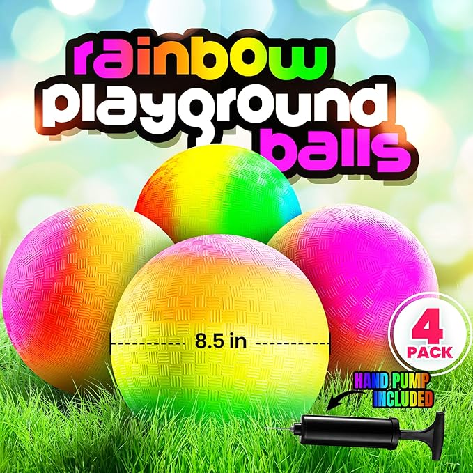 Rainbow Playground Balls - 8.5 Inch (Pack of 4) Rubber Bouncy Colorful Inflatable Balls for Kids and Adults, Indoor & Outdoor Games, Kickball, Dodgeball, Four Square, Dodge, Recess, Handball