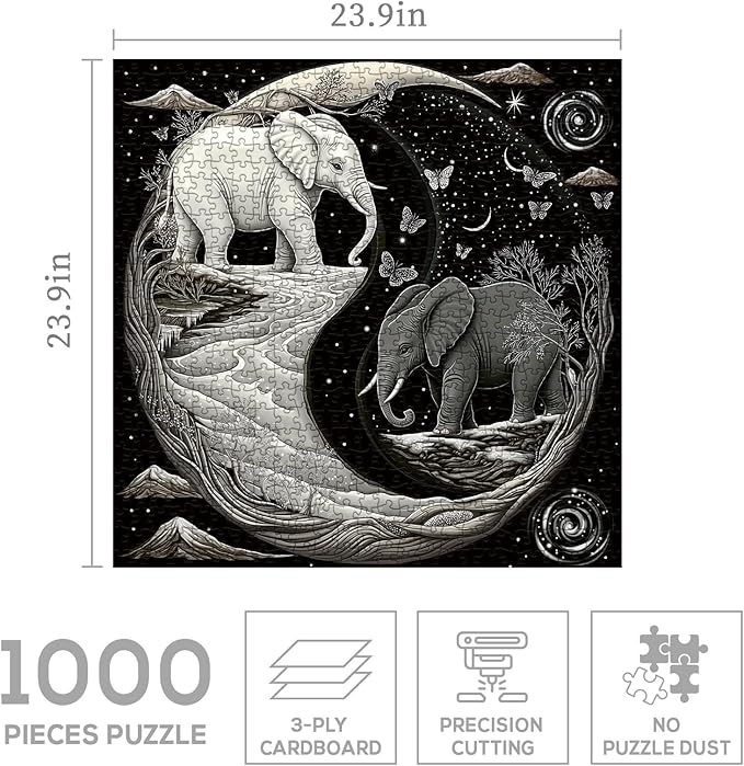 Elephant Moon Yin Yang Puzzle 1000 Piece for Adults, Stars River Tree Fantasy Jigsaw Puzzle, Galaxy Butterfly Mountains Animals Puzzles