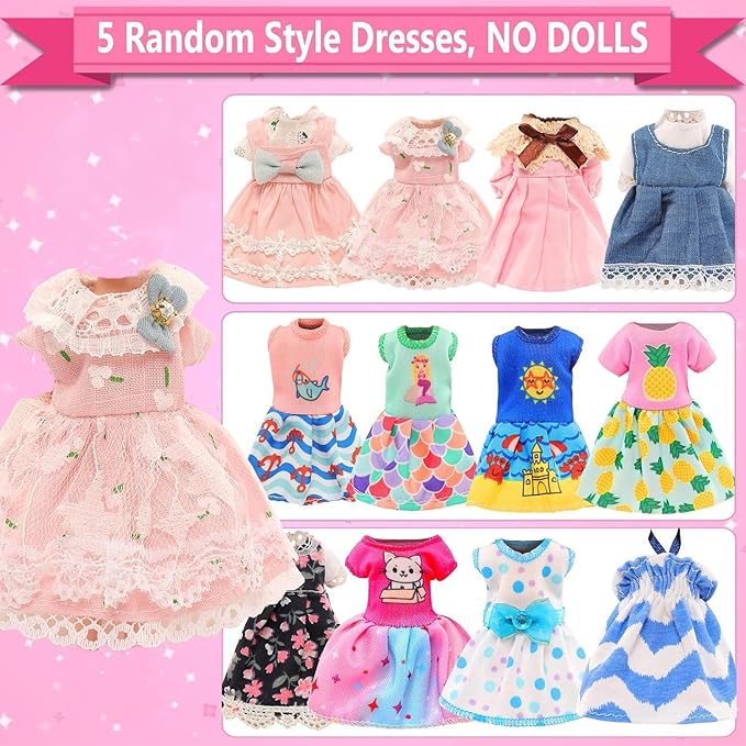 20 Pcs 5.3 Inch Doll Clothes & Accessories Include 5 Dresses 3 Outfits Tops and Pants 3 Swimsuits with 2 Shoes 1 Backpack 1 Laptop 1 Pad 1 Glasses 1 Drink 1 Hat for 5.3 - 6 Inch Dolls