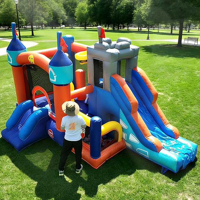 16FT Commercial Bounce House with Blower, 100% PVC Inflatable Jumper Bounce House with 2 Slides, Ball Pit, Tunnels, Climbing, 6 in 1 Bounce House Obstacle Course 16x12x10ft