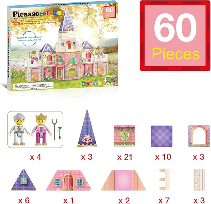 PicassoTiles 60pc Magnetic Tile Princess Castle Building Set with Double Sided Printed Tiles 2 Character Figures STEM Educational Toy Kit for Kids Pretend Play Montessori Learning Ages 3 to 8 PTQ04