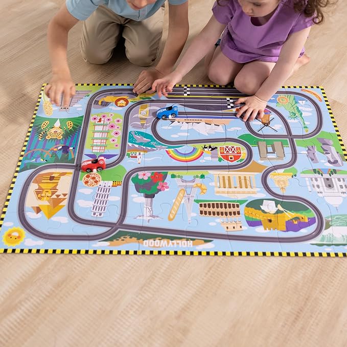 Melissa & Doug Race Around the World Tracks Cardboard Jigsaw Floor Puzzle and Wind-Up Vehicles (48 Pcs) for Preschoolers and Kids Ages 4+