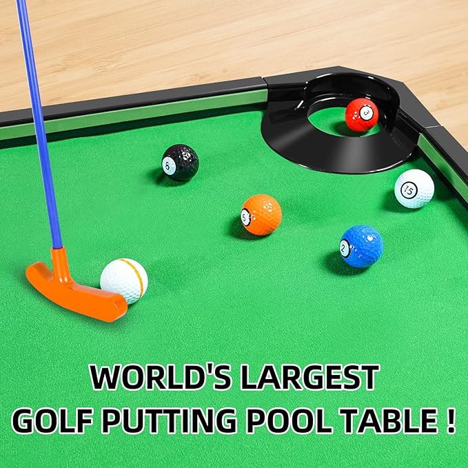 Golf Game -Combining Mini Pool Table & Golf - World’s Largest Putting Green Indoor，Putting Mat 108.2" L x 57.4" W，Golf Pool Indoor Family Game
