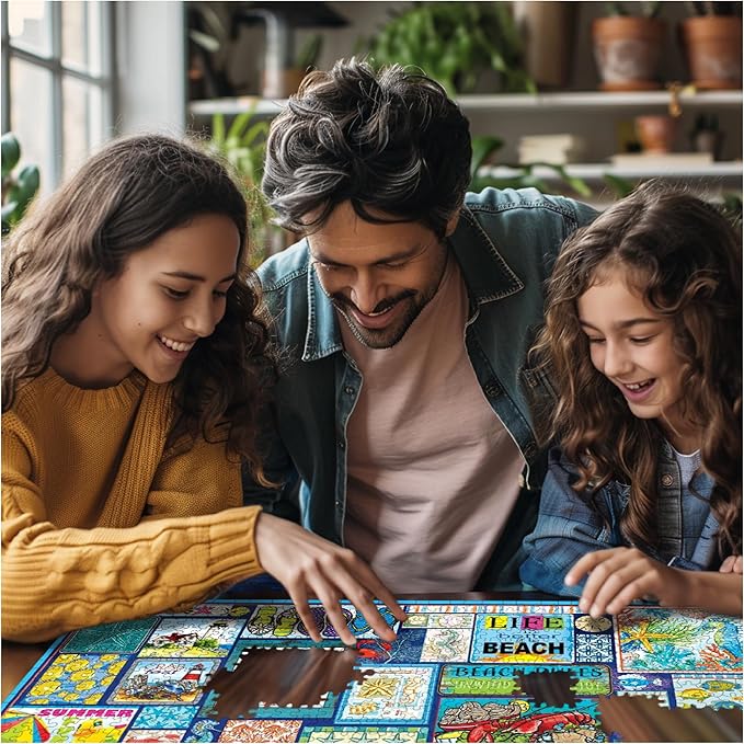 White Mountain 1000 Piece Jigsaw Puzzle Beach Life Collage Puzzles with Large Pieces for Adults and Family 24"x30" - Seas The Day
