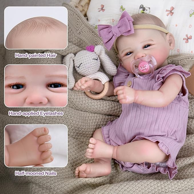 Aori Lifelike Reborn Baby Dolls - 20 Inch Realistic Smiling Girl Newborn Baby Doll with Weighted Body for Cuddling Poseable Soft Vinyl Limbs with Purple Outfit Set for Girls 3+