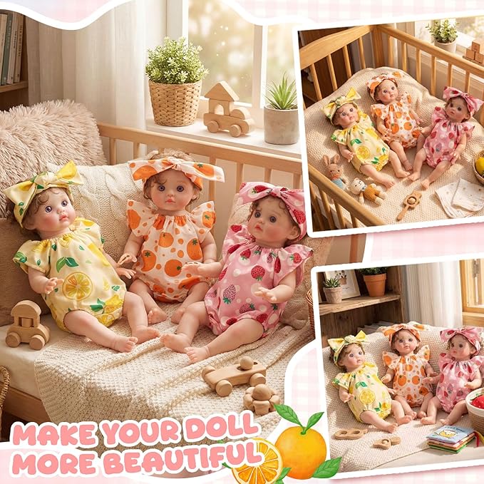 3 Set Reborn Baby Doll Clothes Set for 17-22 Inch Colorful Babydolls Clothes Outfits Realistic Babydolls Cute Strawberry Fruit Pattern Dress Accessories with Headband Bulk for Girl Dress up