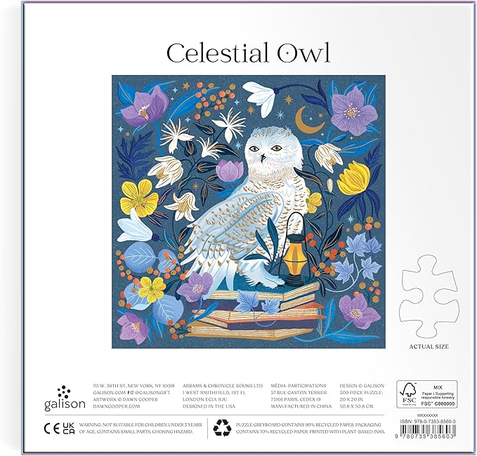 Galison Celestial Owl – 500 Piece Foil Jigsaw Puzzle Featuring Charming Artwork of A Owl Perched On Books Under The Moonlight