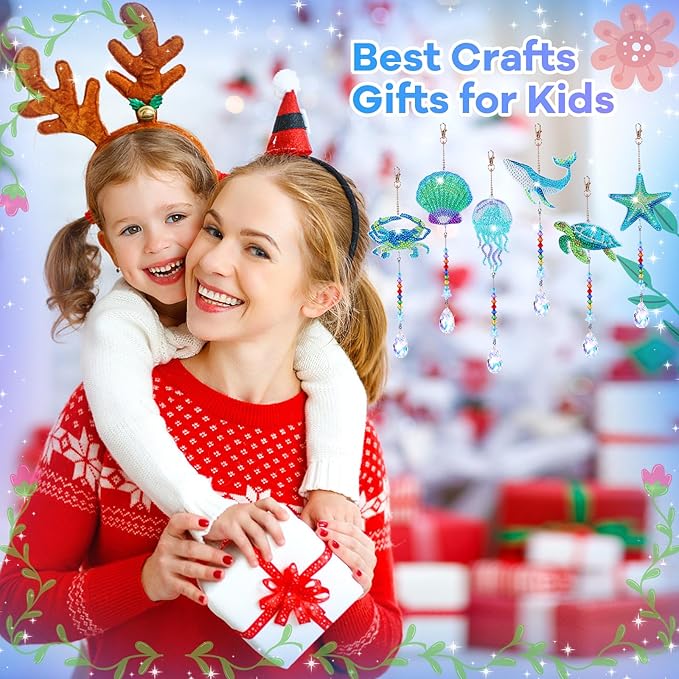 Diamond Art Kits for Kids Ages 6-12: Gifts for 7 8 9 10 Year Old Girls Teens Birthday Gifts Creative Arts & Crafts for Girls Boys DIY Wind Chime & Suncatcher Craft Kit Crystal Decor Kit Ocean