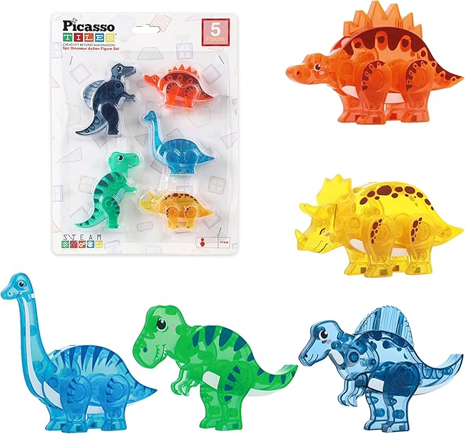 PicassoTiles Dinosaur Magnetic Tiles Accessory Set Mix and Match Dino Figure Parts for STEM Magnet Tile Construction Building Blocks Sets Creative Pretend Play Educational Toy for Kids Ages 3+ PTA28