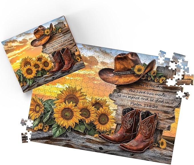 Puzzles for Adults 500 Pieces, Cowboy Hat and Cowboy Boot Jigsaw Puzzles - Sunset Psalm of the West, Impossible Sunflower Puzzles for Seniors Family, 20.47x14.96 inches, 1:1 poster, Letter on the Back