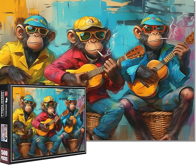 Guitar Monkey Puzzles for Adults 500 Pieces - Funny Gorilla Jigsaw Puzzle, Colorful Monkey Art Puzzle with Letters on Back, Challenging Hard Difficult Cartoon Animal Puzzles as Game Room Home Decor