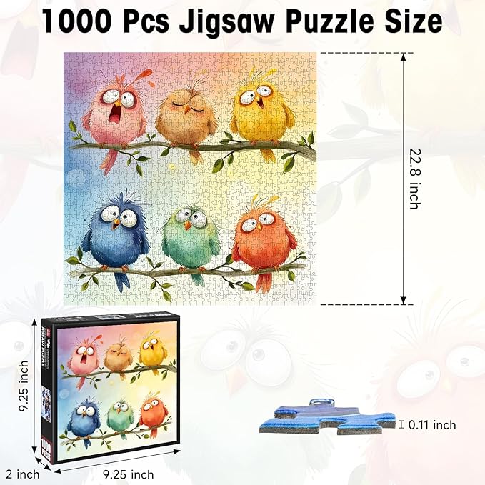 Funny Birds 1000 Piece Puzzle for Adults, Puzzles with Letters on Back, 6 Cute Cartoon Birds Pastel Watercolor Spring Garden, 22.8x22.8 Wall Art, Challenging Family Game, Easter