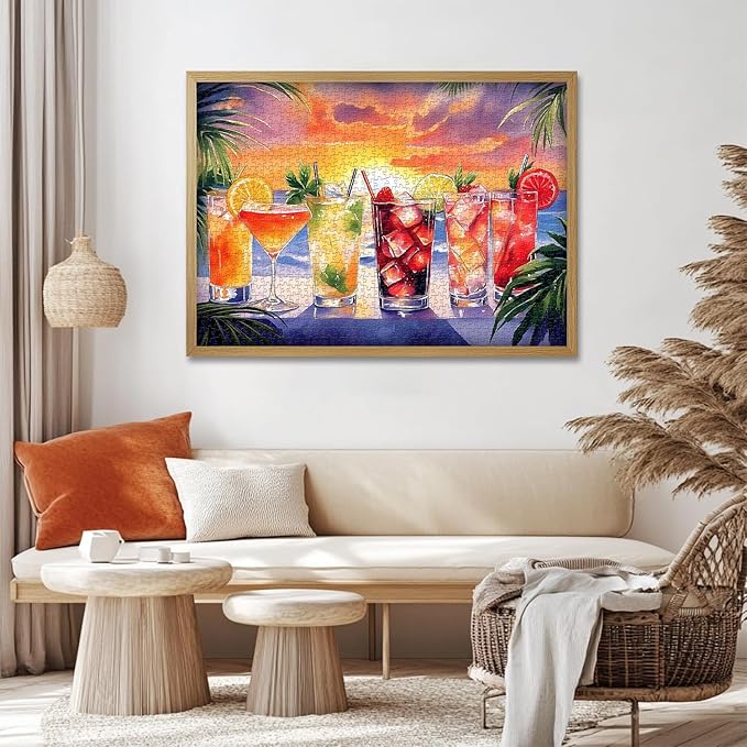 Summer Beach Puzzles for Adults 1000 Pieces, PICKFORU Colorful Seaside Holiday Jigsaw Puzzles Sunset Scene, Impossible Challenging Rainbow Drinks Theme as Home Decor