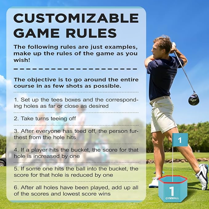 Golf Bucket Yard Game - Backyard Set for Kids, Adults and Family - Outdoor and Indoor Portable 9 Holes Course With Balls, Flags and Carry Bag for Lawn, Park, Beach and Hotel - Blue