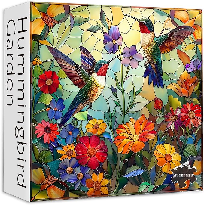 Stained Glass Puzzles for Adults 1000 Pieces, PICKFORU Colorful Flower Hummingbird Jigsaw Puzzles, Mosaic Bird Puzzles as Home Decor