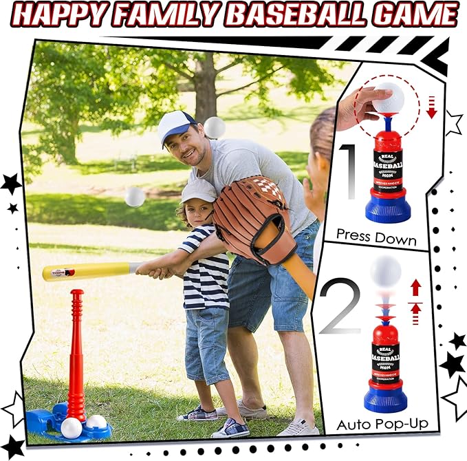 Tball Set for Kids, T Ball Sets for Toddlers 1-3, Baseball Toys with 6 Balls/Glove/Pitching Machine/Bat/Tee, Outdoor Sports Gifts for Boys Girls(Blue)