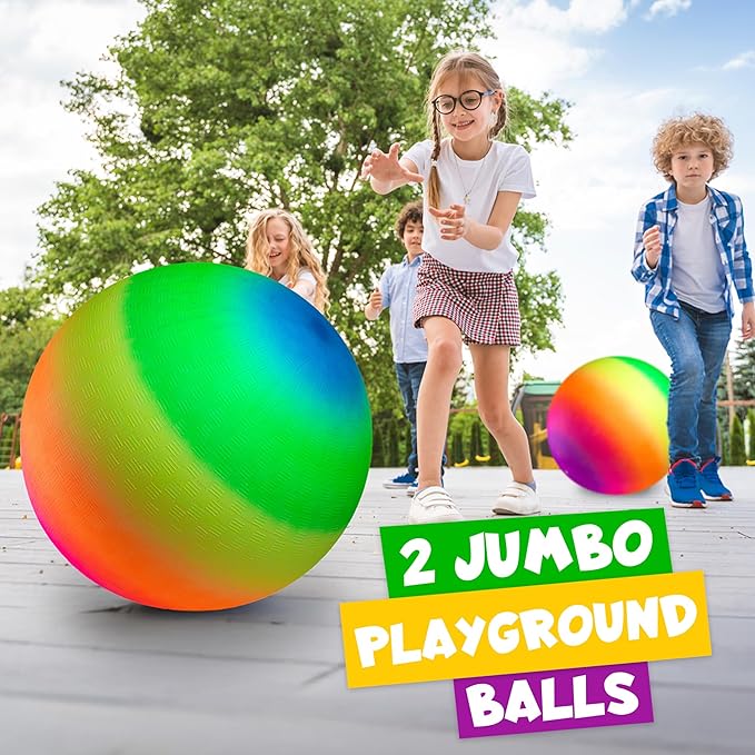 Bedwina 18 Inch Rainbow Playground Ball for Kids (Pack of 1 or 2) Jumbo Size Rainbow Inflatable Big Bouncy Kickball for Park, Giant Balls for Indoor and Outdoor Games with Hand Pump