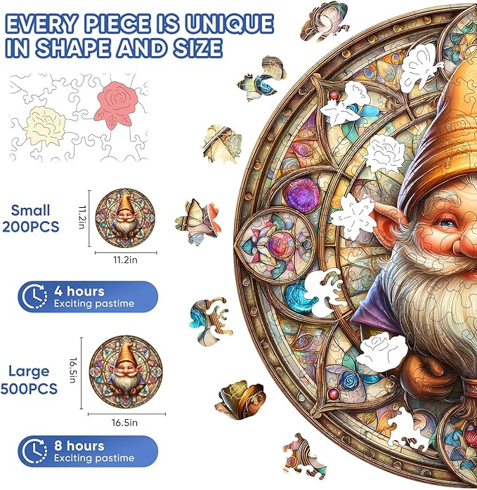 Pikoqunc Gnome Wooden Puzzle for Adults, Families & Friends – 500 Piece Round Wood Jigsaw with Unique Shapes, Perfect for Relaxation, Joy & Cozy Home Décor (16.5")