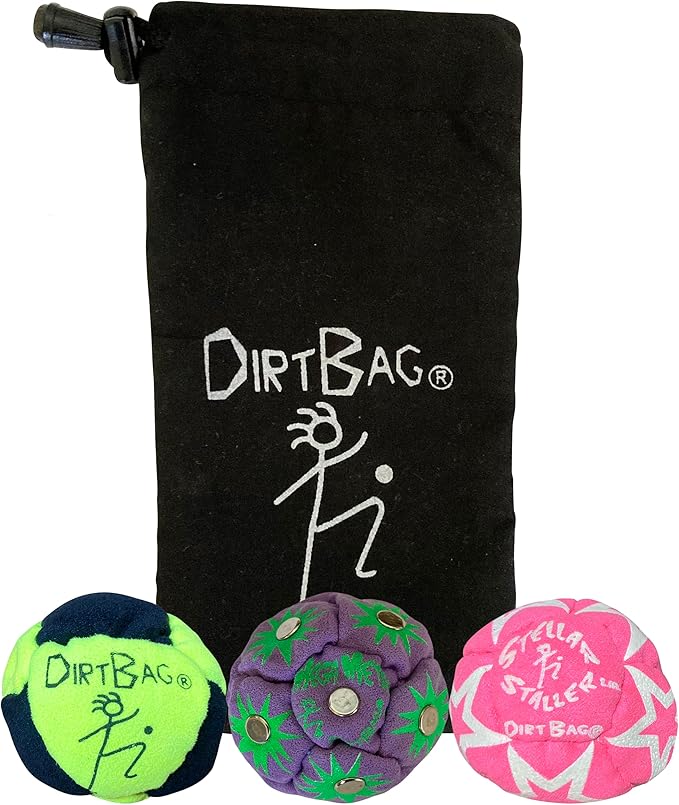 DIRTBAG All Star Footbag 3 Pack with Pouch, 100% Handmade, Premium Quality, Bright Vivid Colors, Signature Carry Bag