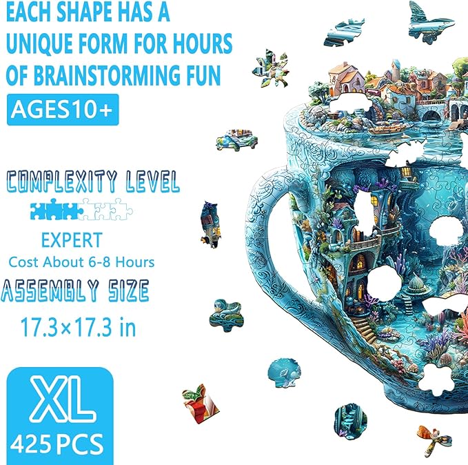 Wooden Puzzles for Adults, Ocean Cup Wood Puzzles Adult, Underwater World Wooden Jigsaw Puzzle for Adults, Unique Shape, Fun Presents for Friends, Wall Art Home Decor(XL-17.3 * 17.3in - 425 pcs)