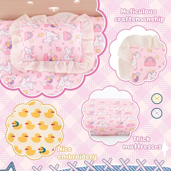 Halloscume 6 Set 18 Inch Doll Bedding Accessories Set, Included Comforter, Mattress, Pillow Cute Accessories- Fits 18 Doll Beds, Bunkbeds, Cribs and Cradles, Featuring Pretty Lace and a Securing Cord