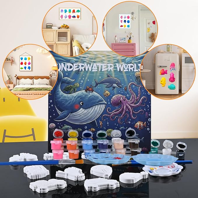 GloomGlo Kids Ocean Theme Paint Set - 24 Sea Creatures Plaster Painting Kit with Paint Colors, Brushes & Palettes | Kids Arts Crafts Supplies