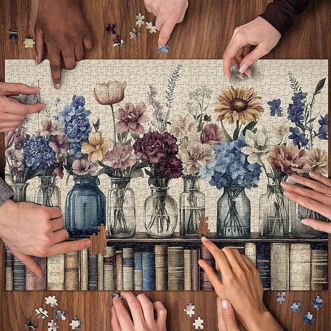 Retro Wildflowers Puzzles for Adults 1000 Pieces, PICKFORU Christian Jesus Floral Book Pages Religious Jigsaw Puzzle, Impossible Challenging Vintage Bookshelf Puzzles as Art Decor