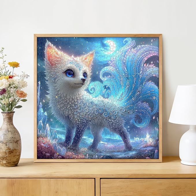 Enchanted Crystal Nine-Tailed Fox 1000 Piece Puzzle for Adults - Fantasy Mythical Creature, Moonlit Forest, Poster & Lettered Back, 22.8" Square HD, Gift for Myth Lovers