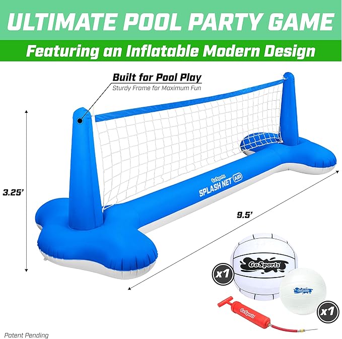 GoSports Splash Net Air, Inflatable Pool Volleyball Game - Includes Floating Net, Water Volleyballs and Ball Pump