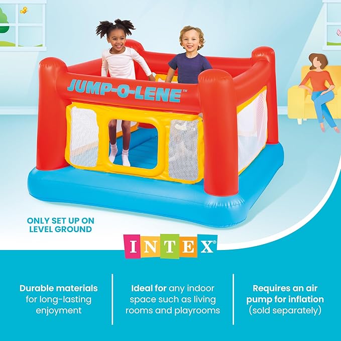 Intex Inflatable Jump-O-Lene Trampoline Bounce House with Crawl-Thru Door & Net - Indoor & Outdoor Backyard Blow-Up Bouncy Playhouse for Kids Ages 3-6