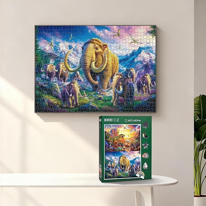 Jigsaw Puzzle 1000 Pieces Adult, 2 Pack, Unique Shape Nature Series Puzzle, Dinosaures and Mammoths Theme, Challenging Puzzles for Game Night, Highly Interactive Family Games for Adults