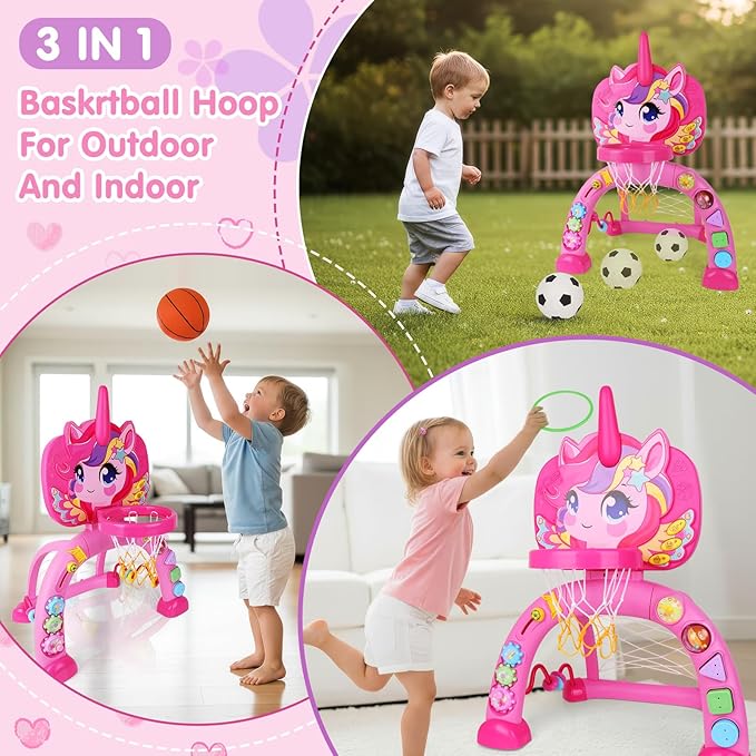 Toddler Basketball Hoop for Kids, Unicorn Basketball & Soccer Game Sports Toy with 30+ Sounds, Baby Basketball Hoop Toys for 1 2 3 Years Old Girls Boys Christmas Birthday Gifts Indoor Outdoor Play