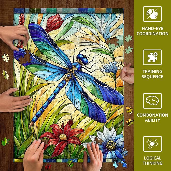 Sutinban Stained Glass Dragonfly 500 Piece Puzzles for Adult, Colorful Flower Jigsaw Puzzle 500 Pieces, Impossible Challenging Adult Puzzles for Happy Family Time, Great Gift for Puzzle Lovers