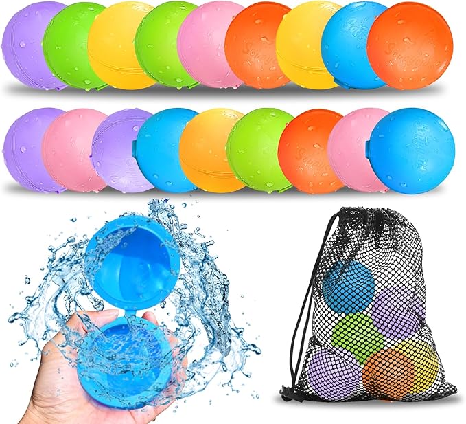 Reusable Water Balloons 18Pcs - Quick Fill Water Balls Toys For Toddler Age 4-8 - Refillable Magnetic Self-Sealing Water Splash Bomb For Summer Party Pool Outdoor Beach Toys for kids Age 8-12