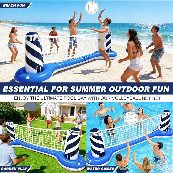 Inflatable Pool Games Volleyball Net Pool Float Set with 19" Beach Ball, Lighthouse Design – Floating Swimming Water Sports Toys for Adults, Perfect for Summer Pool Party Supply (112"X26"X35")