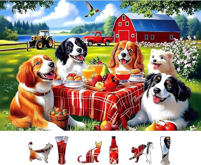Spring Dogs Farm Picnic 500 Piece Puzzle for Adults, Fun Puzzles for Adults 500 Pieces with HD Print & Poster, 23" X 15" Dust Free, for Gifts Halloween Christmas Family Games Lovers