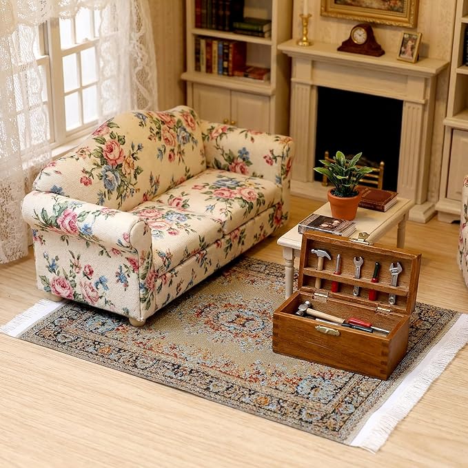 Dollhouse Rugs 3 Pcs Miniature Accessories, 1/12 Vintage Woven Dollhouse Rug, Mini Carpet for Dollhouses Furniture, Mini Floral Print Carpet for Doll House Floor Decor(Blue, Yellow, Red)