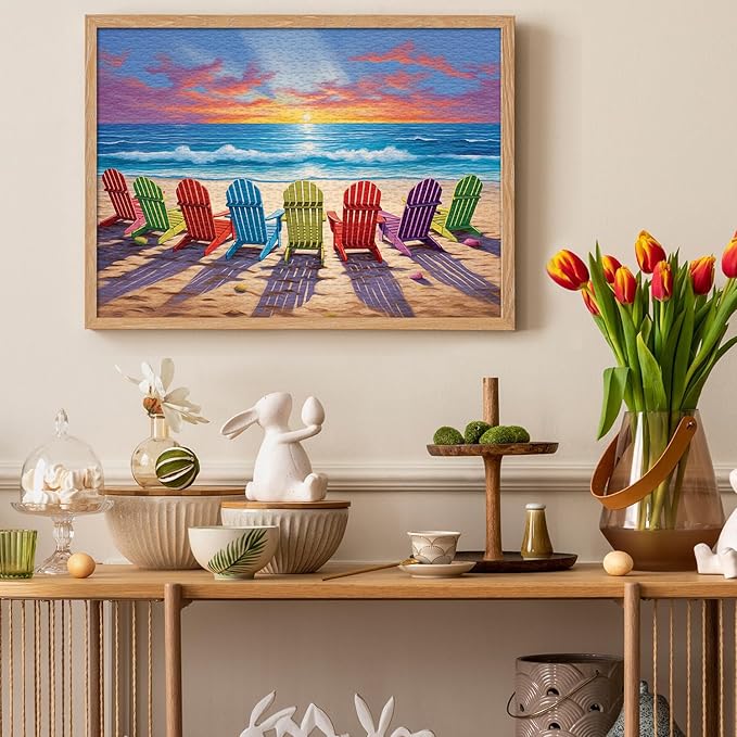 Beach Puzzles for Adults 1000 Pieces and up, PICKFORU Colorful Puzzle Collection Lounge Chair Beach Scene, Summer Puzzle as Home Decor