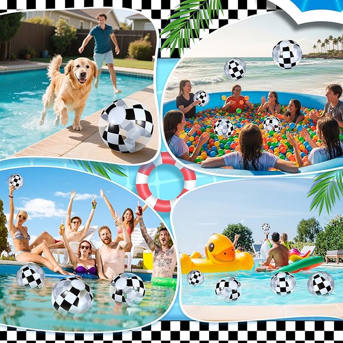 12 Pieces Inflatable Beach Ball Set - 8 inch Black and White Checkered Print Beach Balls for Theme Game Party Supplies Summer Pool Games Birthday Fun Party Favors