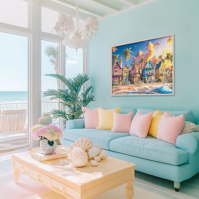 Beach Ocean Summer Puzzle 1000 Pieces for Adults, Colorful House Sunset Hawaii Jigsaw Puzzles, Cottage Seaside Romantic Art Puzzles