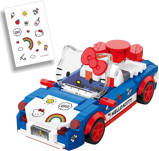 Brickcraft Officially Licensed Sanrio Hello Kitty Convertible Car Building Set, 294-Piece Multicolor Brick Kit with Detailed Character Face, Sticker Sheet Included
